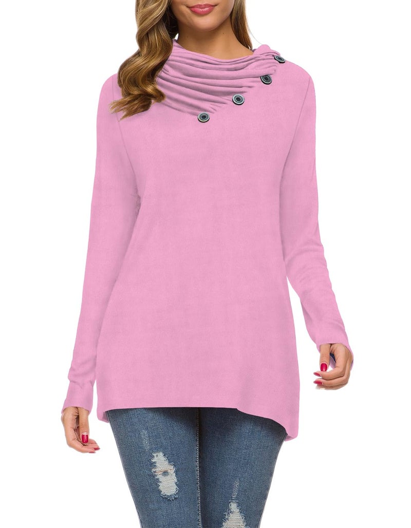 WEACZZY Womens Long Sleeve Shirts Button Cowl Neck Casual Loose Tunic Tops Blouse Dressy (Medium, 09 Pink) - Image 3